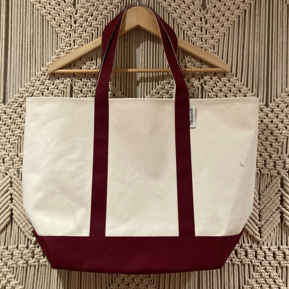 Madewell Canvas Boat Tote in Burgundy and Off-White - Picture 2 of 8